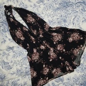 Black and Pink Backless Floral Romper